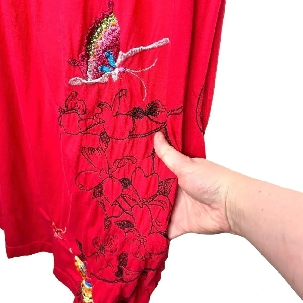 JW Los Angeles Johnny Was Red Multi Floral Butterfly Embroidered Dress Small